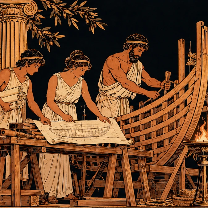 A crew studies plans and builds a wooden ship together.
