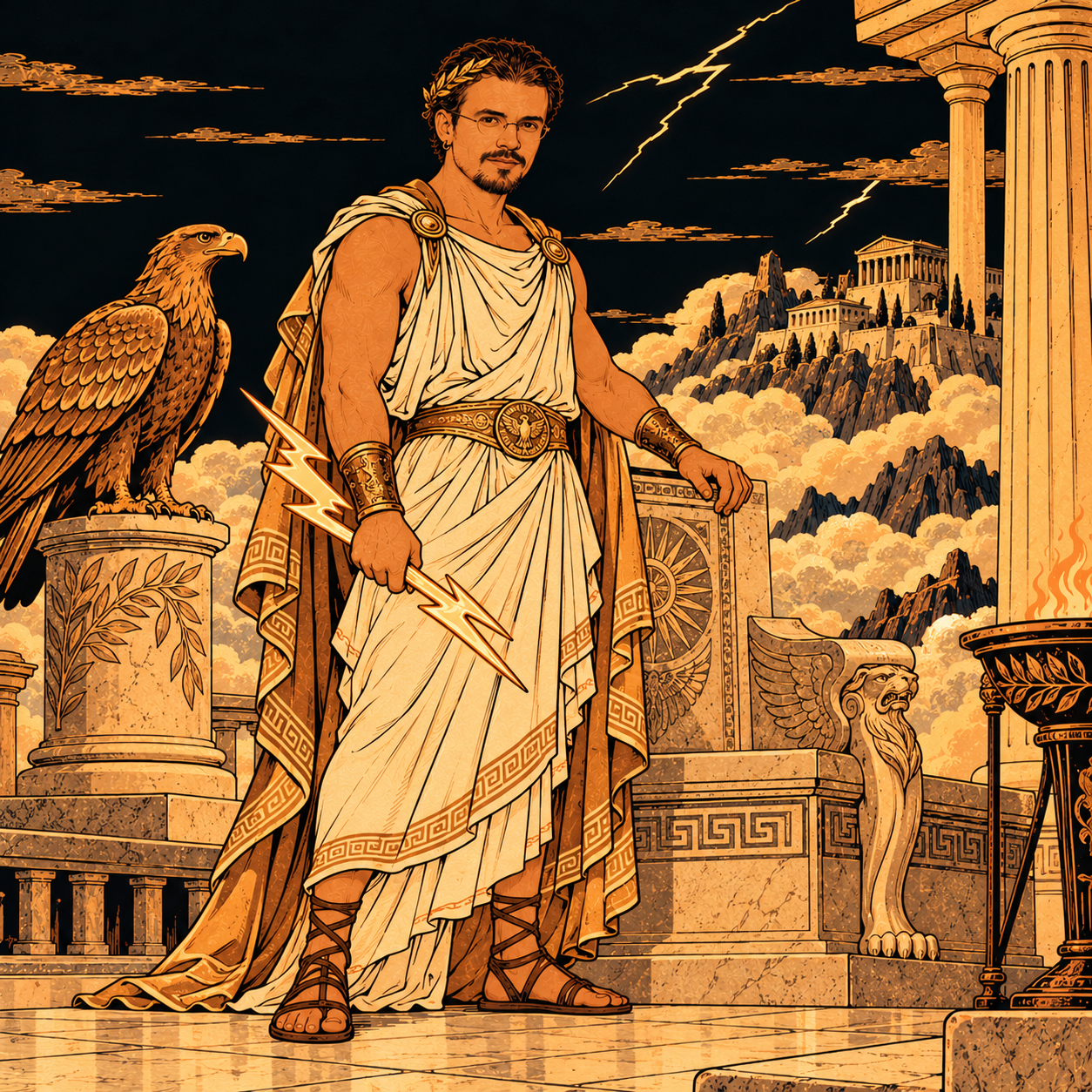 Alexeus as Zeus, holding a lightning bolt on Olympus.