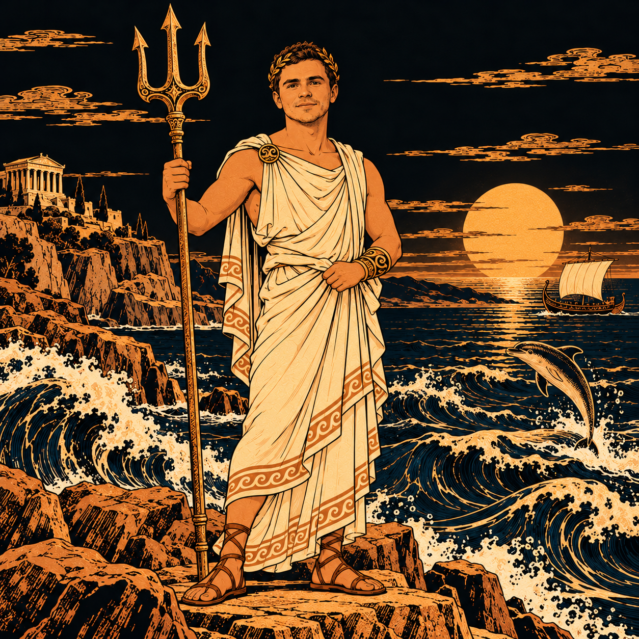 Mike-seidon as Poseidon, holding a trident above the sea.