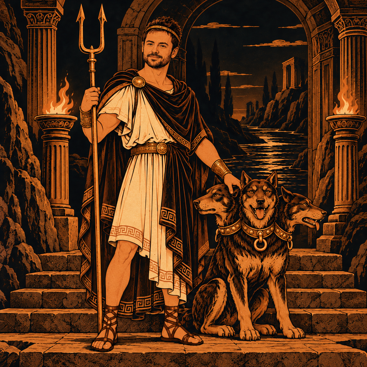 Mikeades in the underworld beside the three-headed Cerberus.