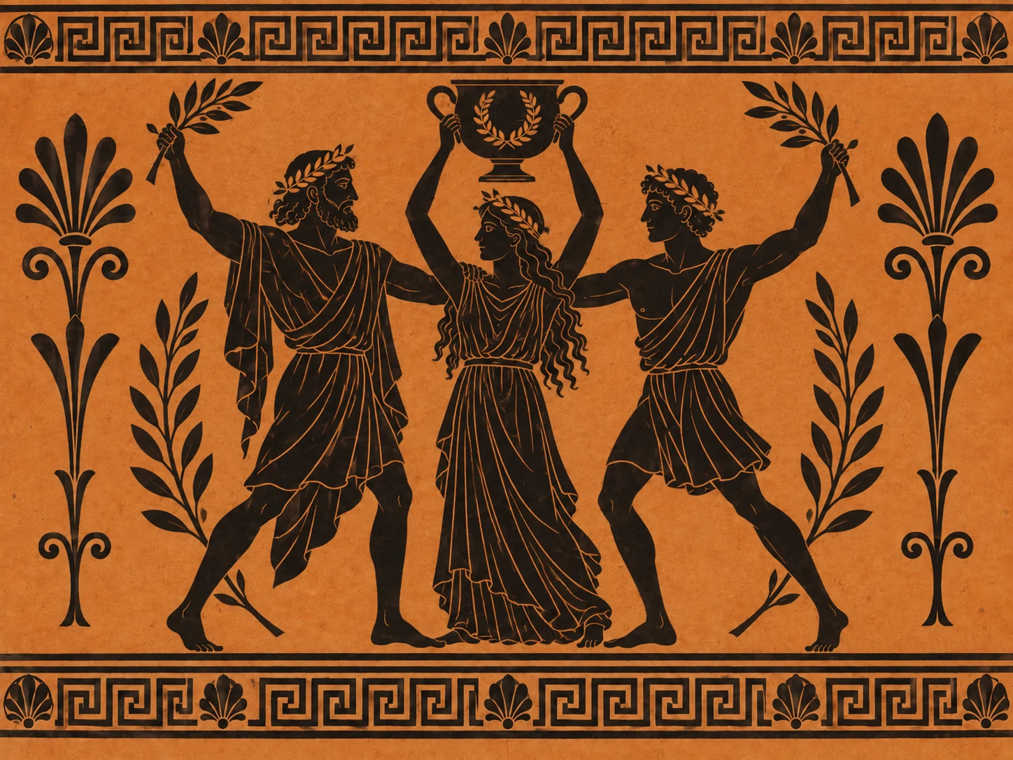 Three Greek figures celebrate with laurel branches and a trophy