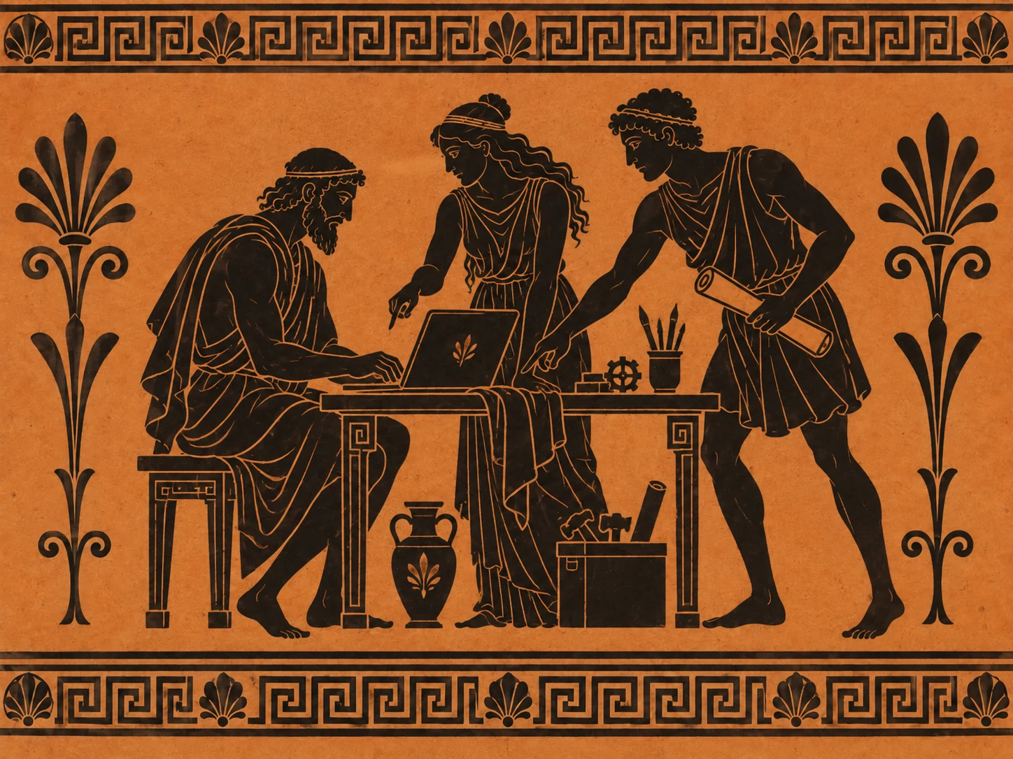 Three Greek figures work together at a computer