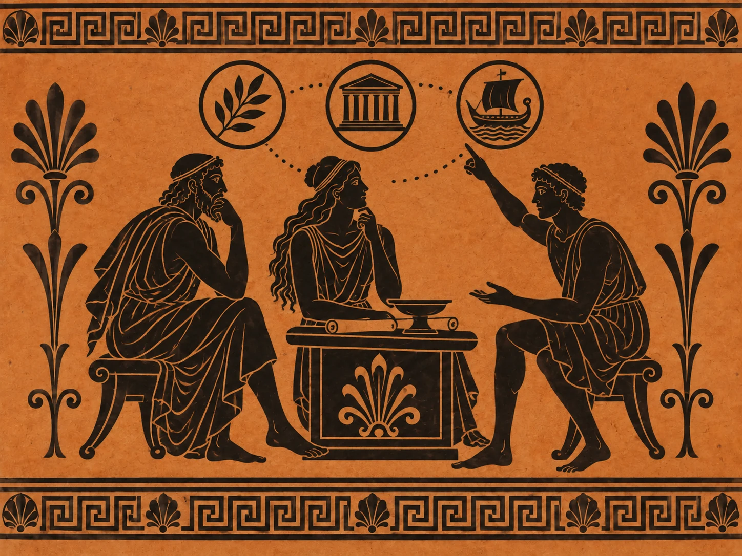 Three Greek figures discuss ideas around a table