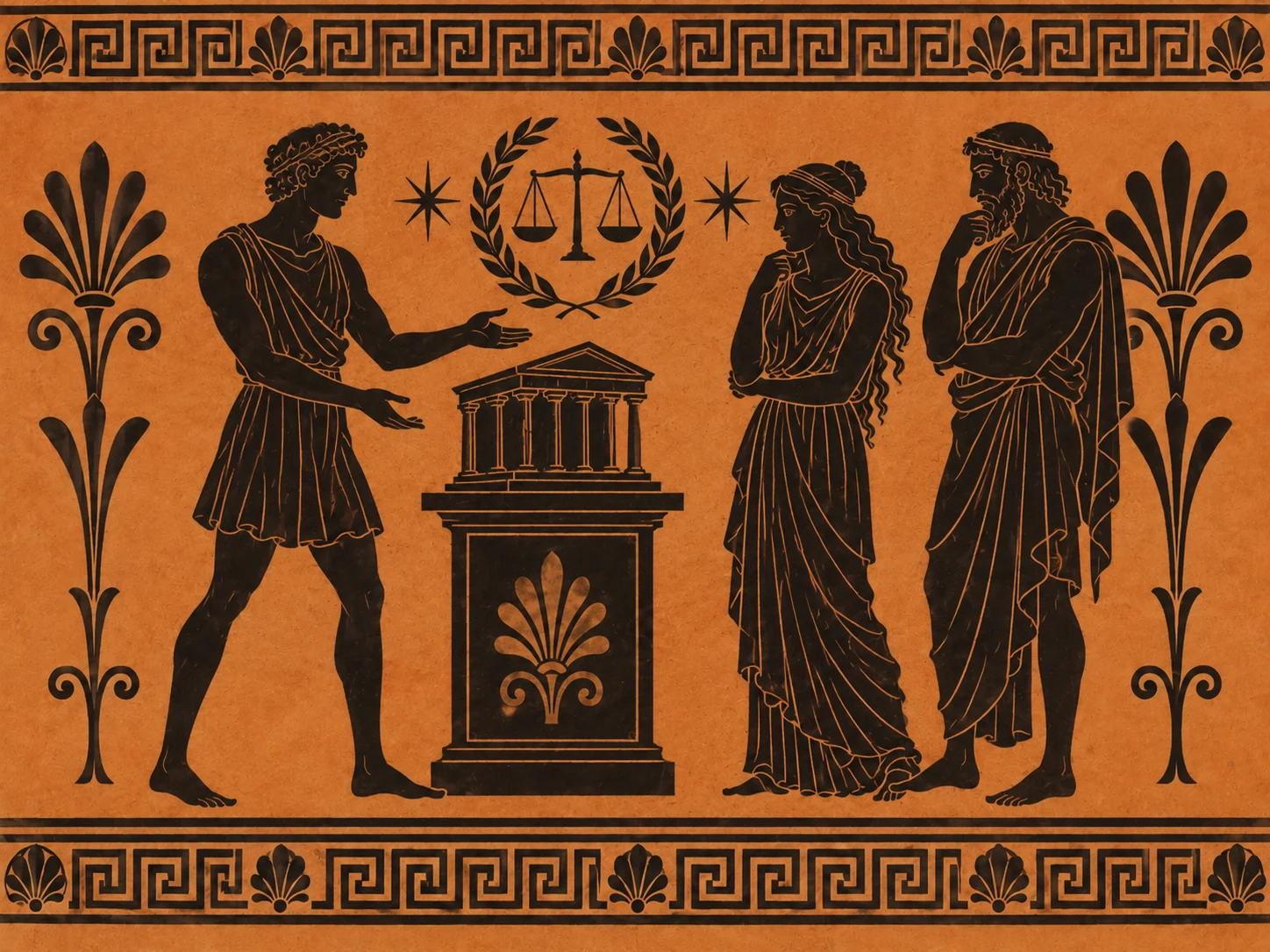 Greek judges weigh a project beneath a laurel and scales