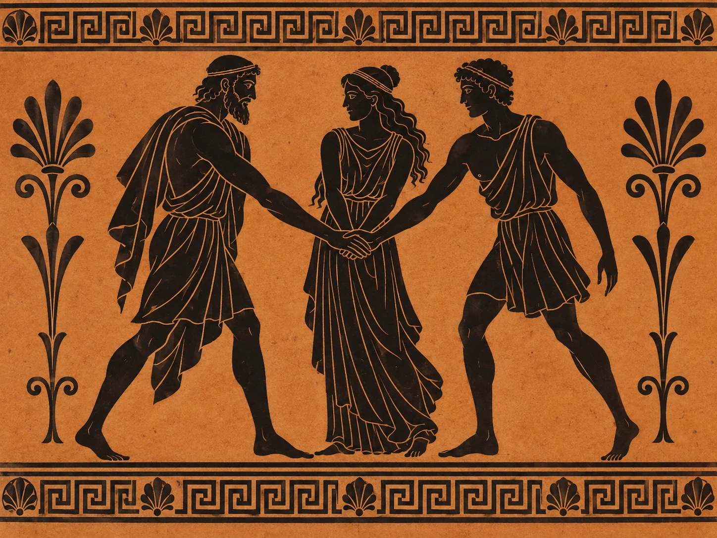 Three Greek figures join hands to form a team